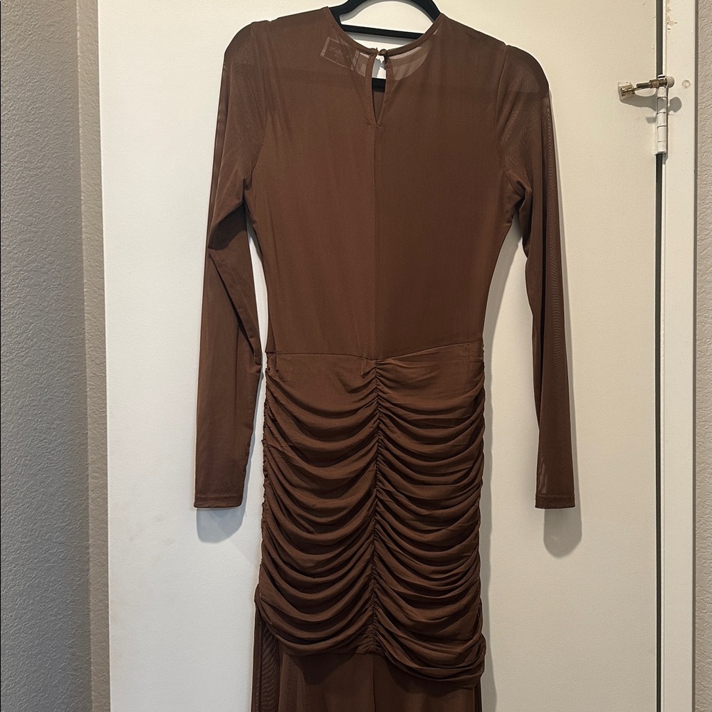 Sheer Ruched Maxi Dress in Chocolate Brown - Picture 10 of 15